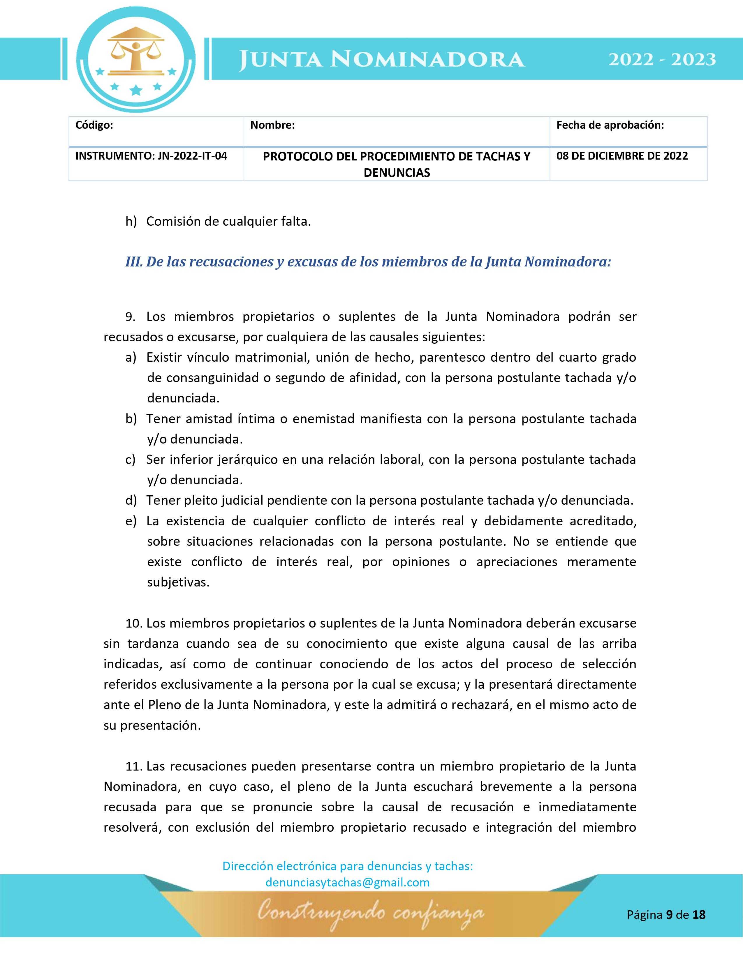 Protocolo para la etapa de tachas y denuncias